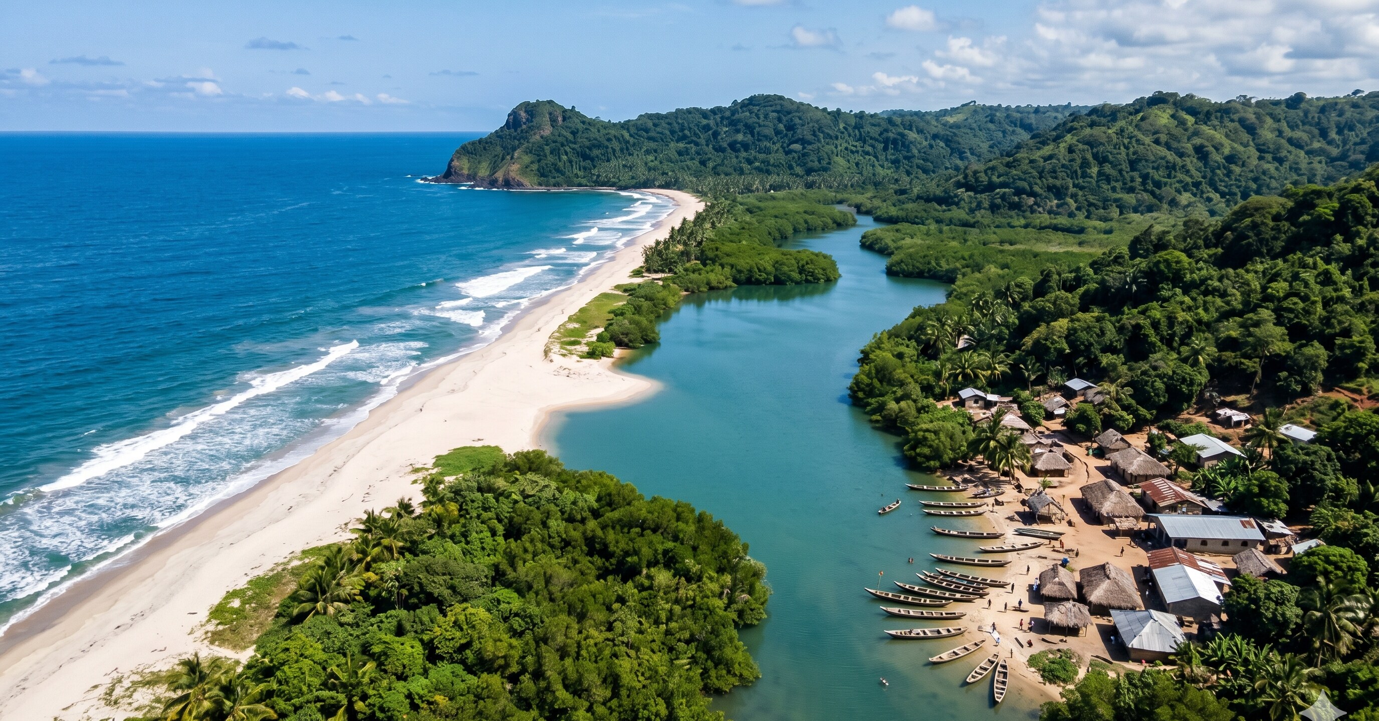 Aerial view of the Robertsport coast — Atlantic, lagoon, fishing village, cape